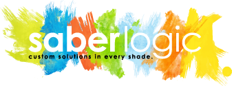 SaberLogic Logo with different colors of watercolor bursts that represent the different parts of the consuting business.