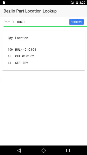 Screenshot of launched Bezlio Part Location Lookup returning correct results