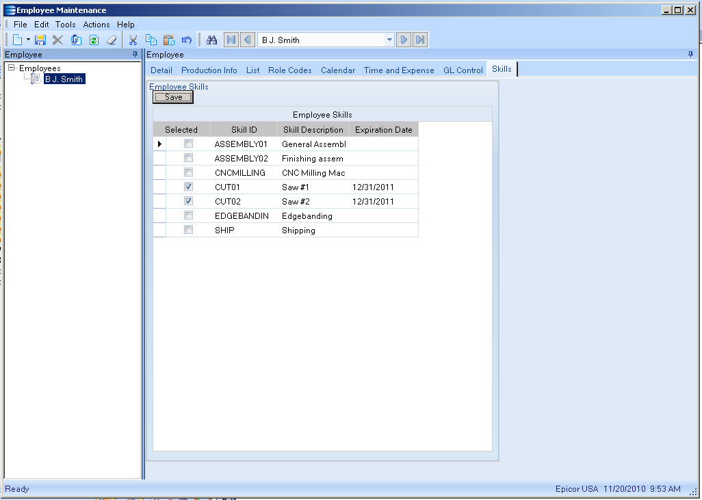 Epicor® Vantage® Employee Skills Customization | Employee Skills MES ...
