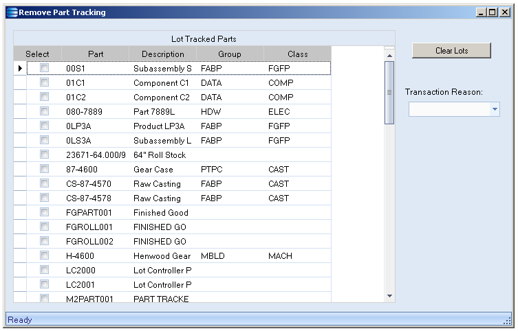 This is a screenshot of the 'remove part lot tracking' utility.